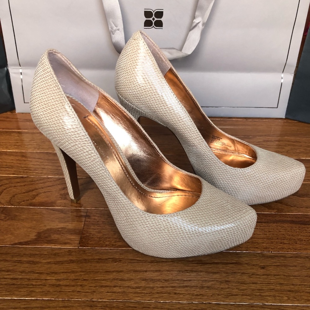 BCBG faux beige snake skin with 5” heels